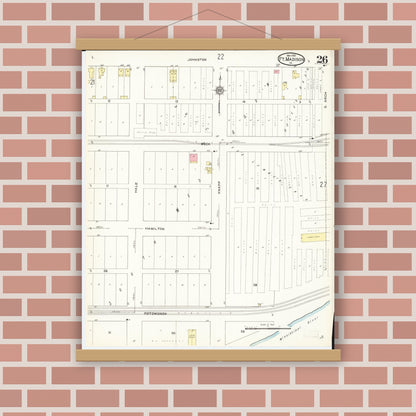 Old map wall art mockup — magnetic wood frame on brick wall — Sanborn Fire Insurance Map from Fort Madison, Lee County, Iowa (1913), Sheet #0026
