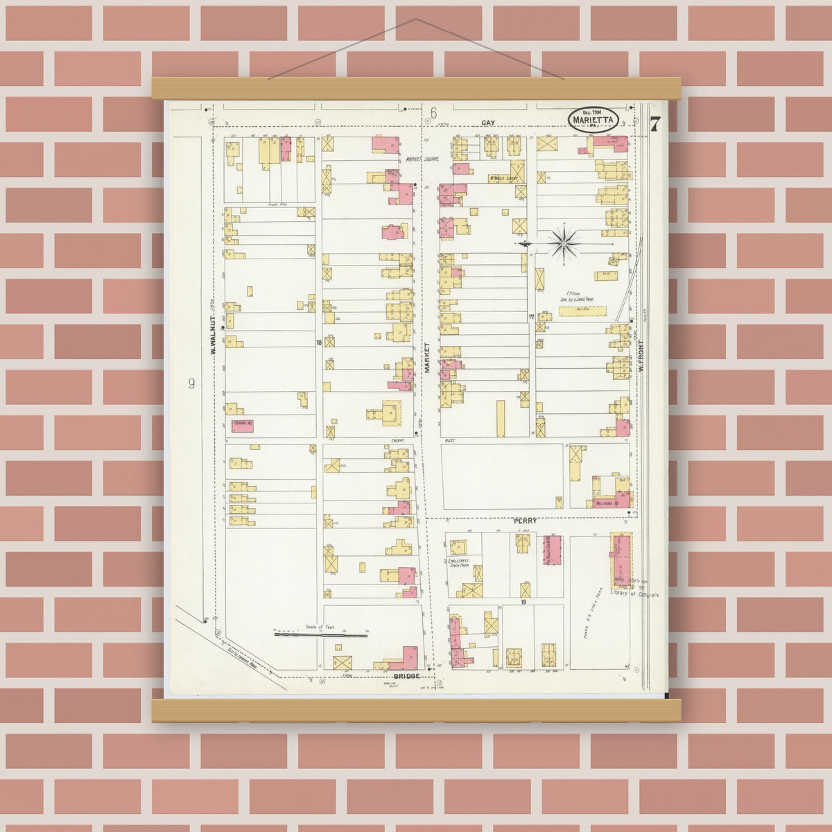 Old map wall art mockup — magnetic wood frame on brick wall — Sanborn Fire Insurance Map from Marietta, Lancaster County, Pennsylvania (1904), Sheet #0007
