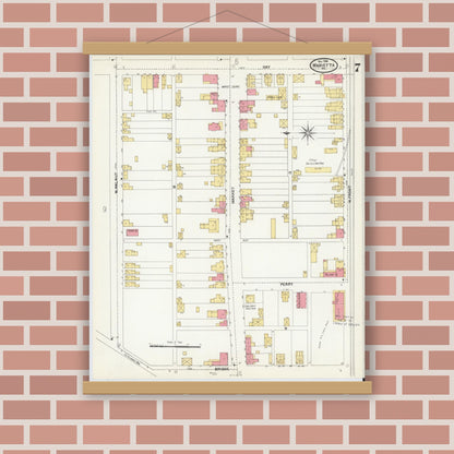 Old map wall art mockup — magnetic wood frame on brick wall — Sanborn Fire Insurance Map from Marietta, Lancaster County, Pennsylvania (1904), Sheet #0007