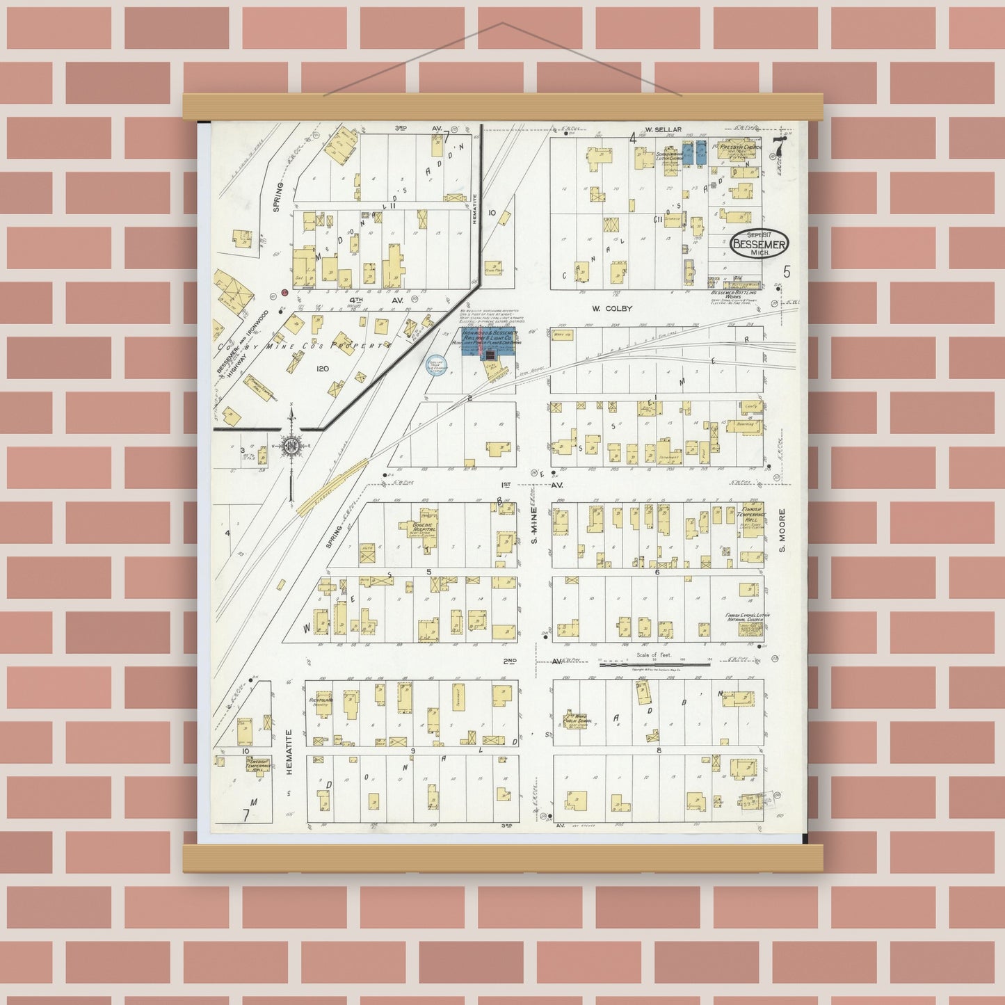 Old map wall art mockup — magnetic wood frame on brick wall — Sanborn Fire Insurance Map from Bessemer, Gogebic County, Michigan (1917), Sheet #0007
