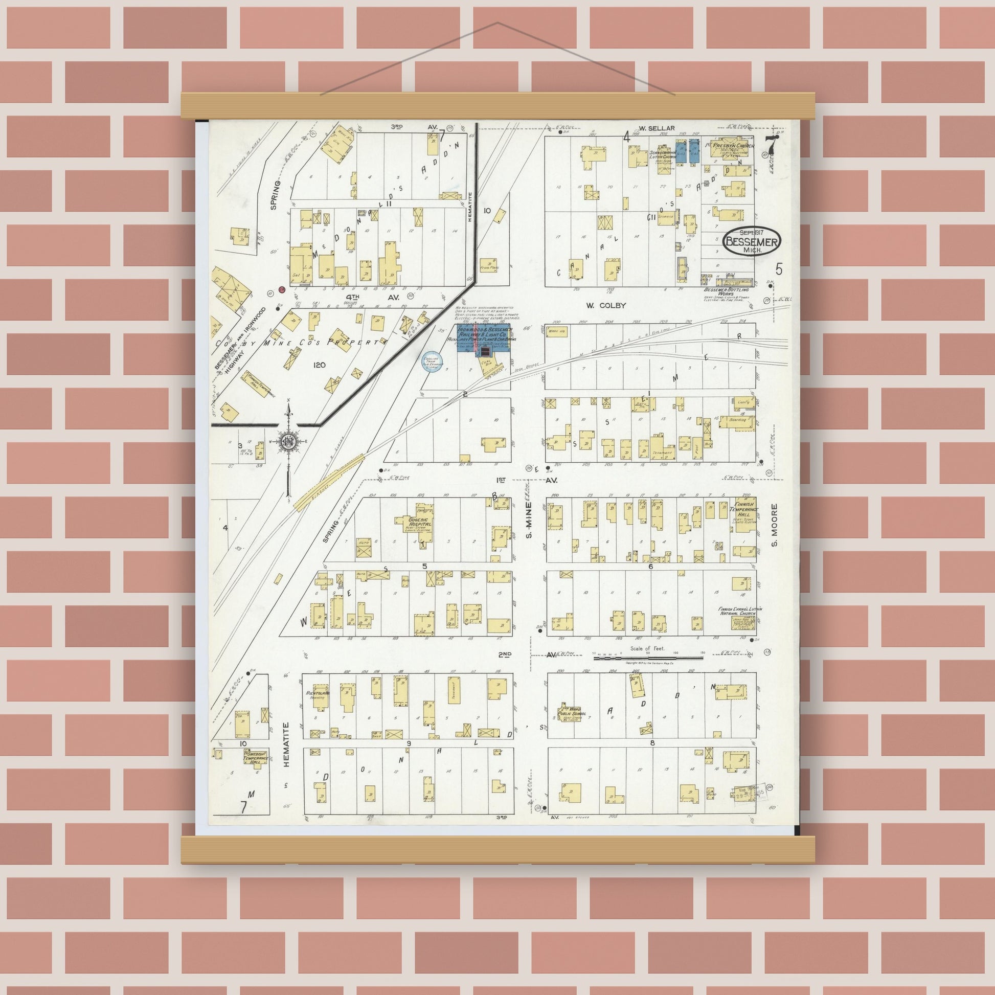 Old map wall art mockup — magnetic wood frame on brick wall — Sanborn Fire Insurance Map from Bessemer, Gogebic County, Michigan (1917), Sheet #0007