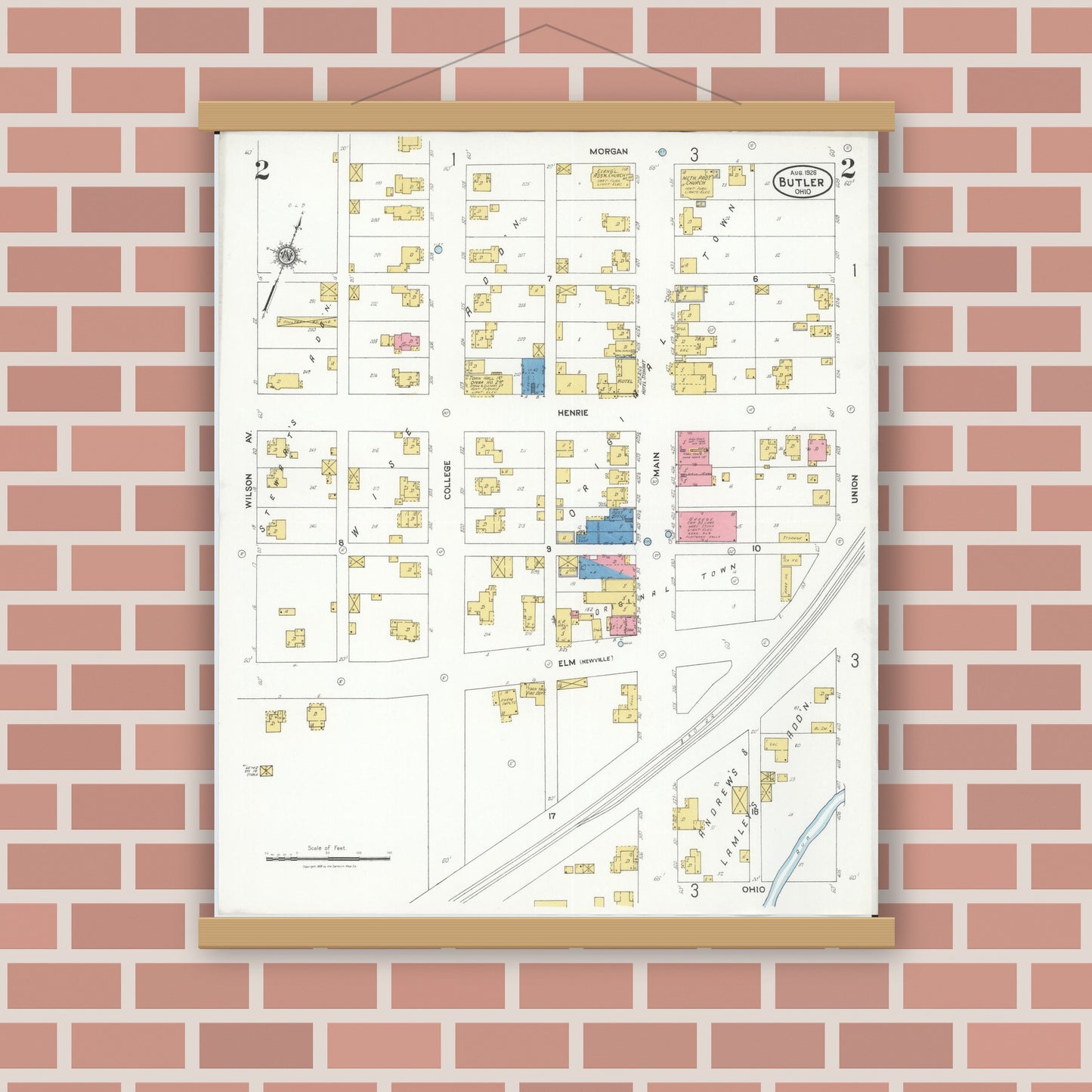Old map wall art mockup — magnetic wood frame on brick wall — Sanborn Fire Insurance Map from Butler, Richland County, Ohio (1926), Sheet #0002
