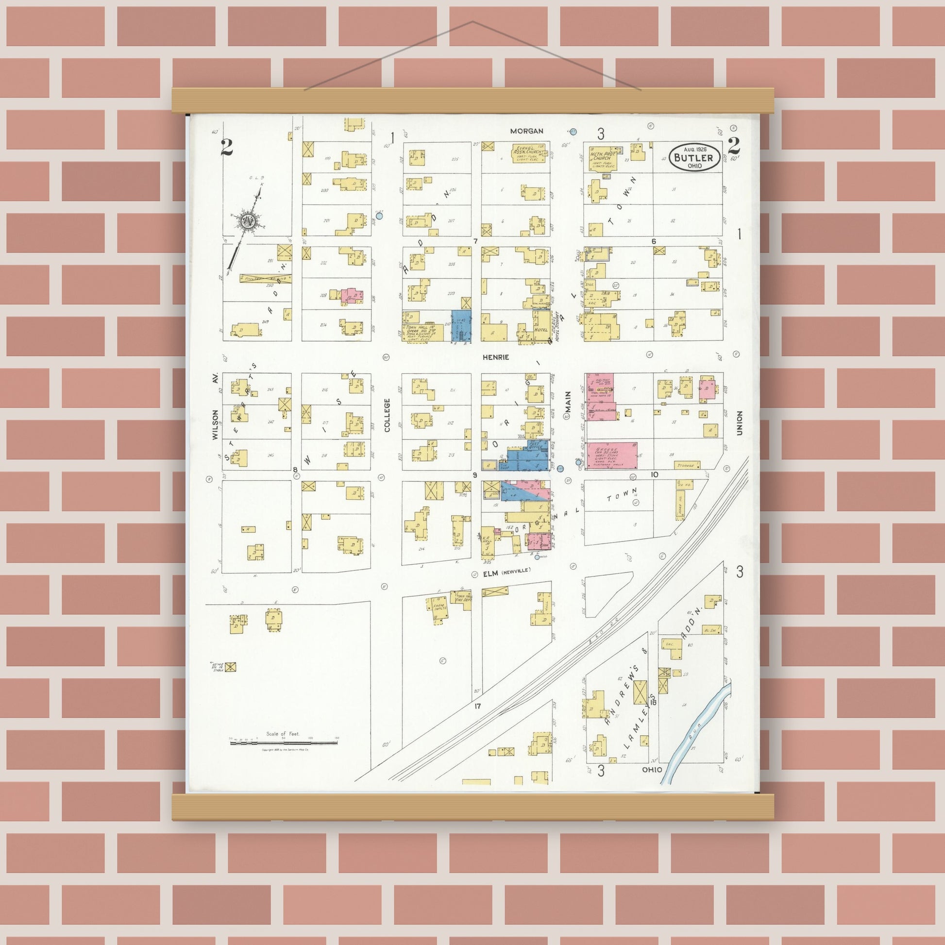 Old map wall art mockup — magnetic wood frame on brick wall — Sanborn Fire Insurance Map from Butler, Richland County, Ohio (1926), Sheet #0002