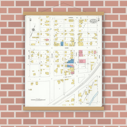 Old map wall art mockup — magnetic wood frame on brick wall — Sanborn Fire Insurance Map from Butler, Richland County, Ohio (1926), Sheet #0002