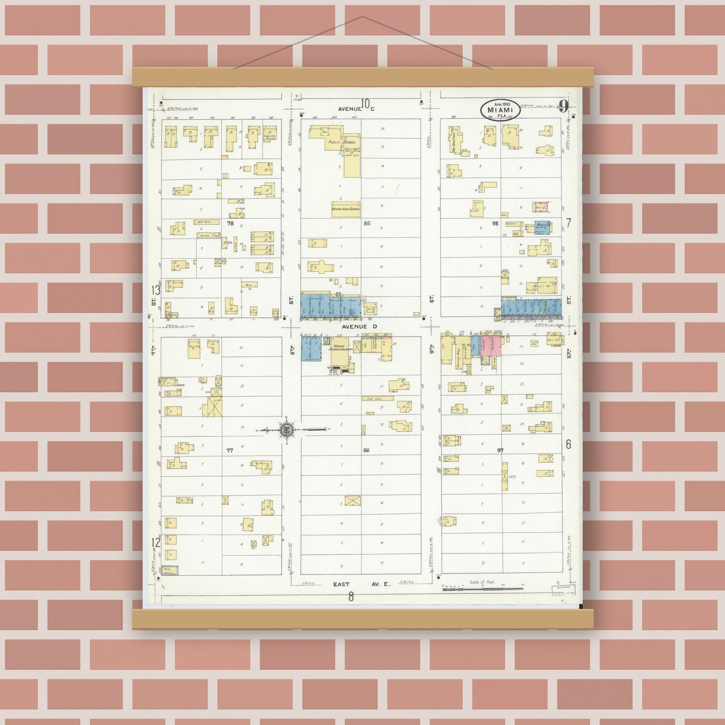 Old map wall art mockup — magnetic wood frame on brick wall — Sanborn Fire Insurance Map from Miami, Dade County, Florida (1910), Sheet #0009