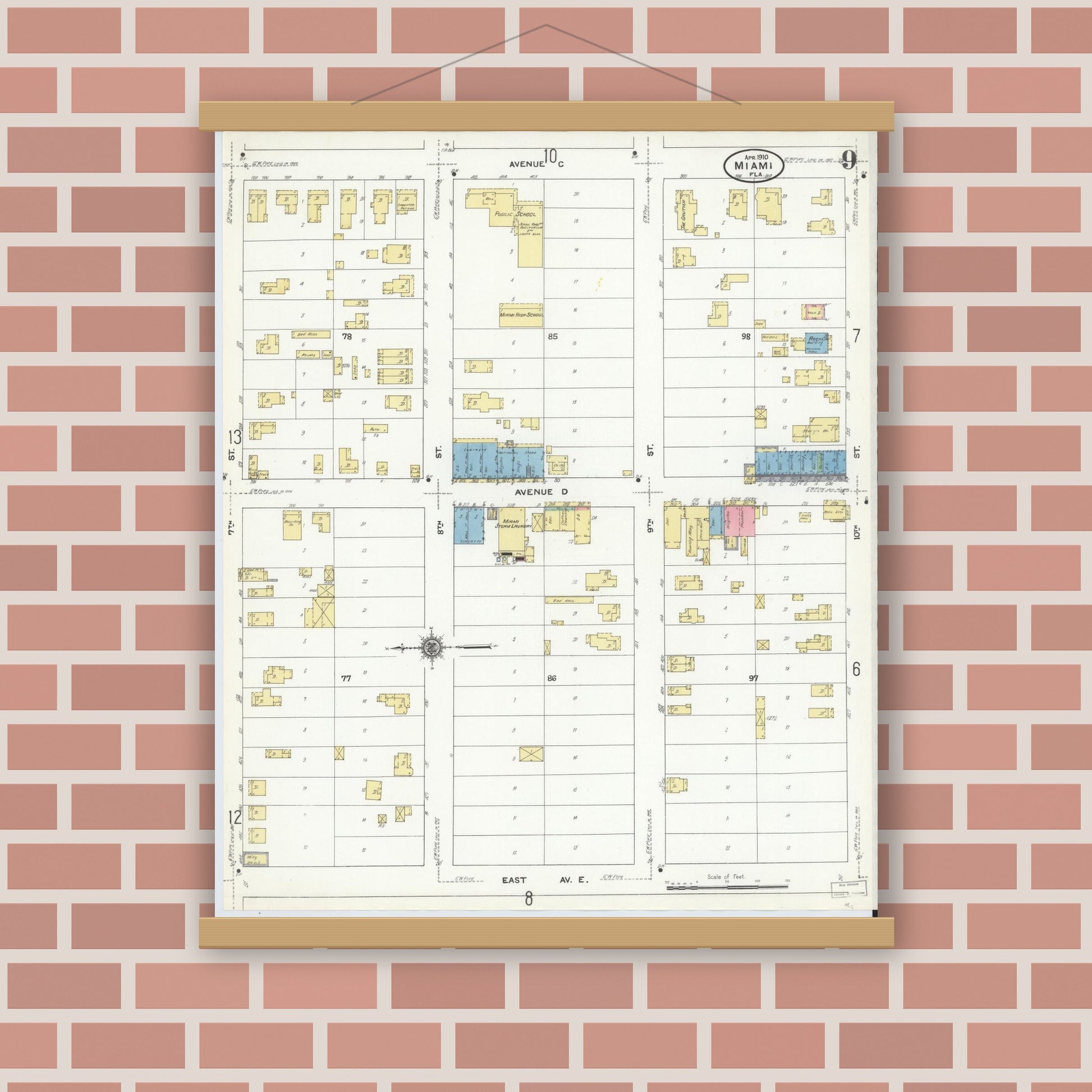 Old map wall art mockup — magnetic wood frame on brick wall — Sanborn Fire Insurance Map from Miami, Dade County, Florida (1910), Sheet #0009