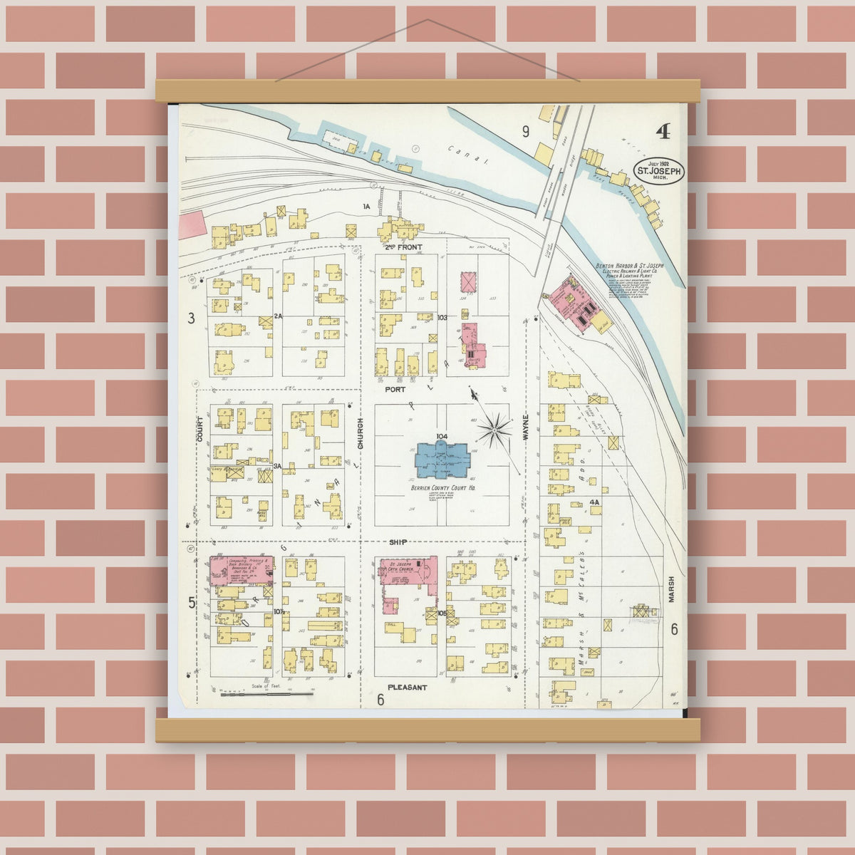 Old map wall art mockup — magnetic wood frame on brick wall — Sanborn Fire Insurance Map from Saint Joseph, Berrien County, Michigan (1902), Sheet #0004
