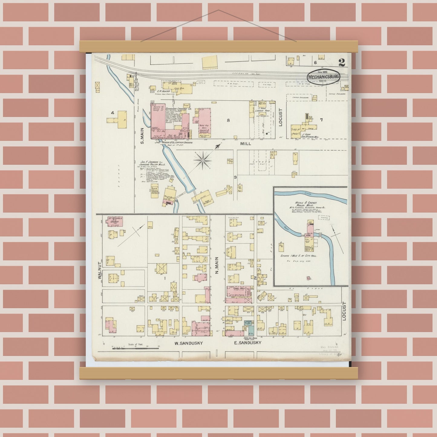 Old map wall art mockup — magnetic wood frame on brick wall — Sanborn Fire Insurance Map from Mechanicsburg, Champaign County, Ohio (1892), Sheet #0002