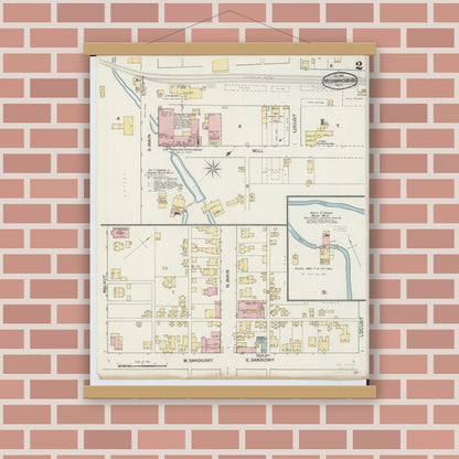 Old map wall art mockup — magnetic wood frame on brick wall — Sanborn Fire Insurance Map from Mechanicsburg, Champaign County, Ohio (1892), Sheet #0002