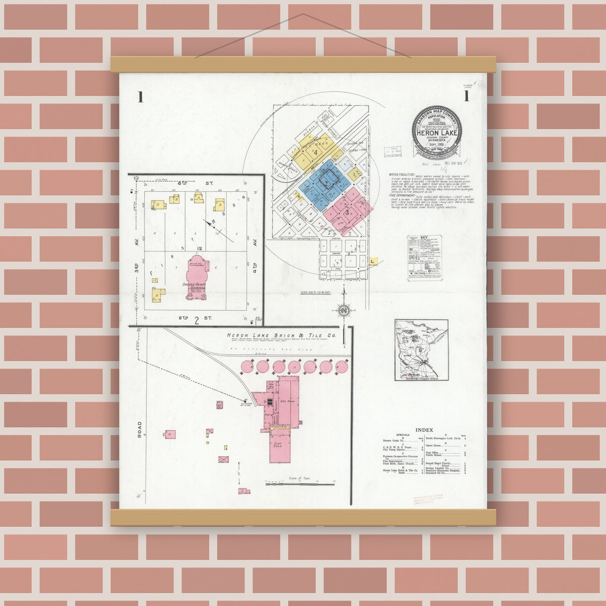 Old map wall art mockup — magnetic wood frame on brick wall — Sanborn Fire Insurance Map from Heron Lake, Jackson County, Minnesota (1926) - Complete Map Set