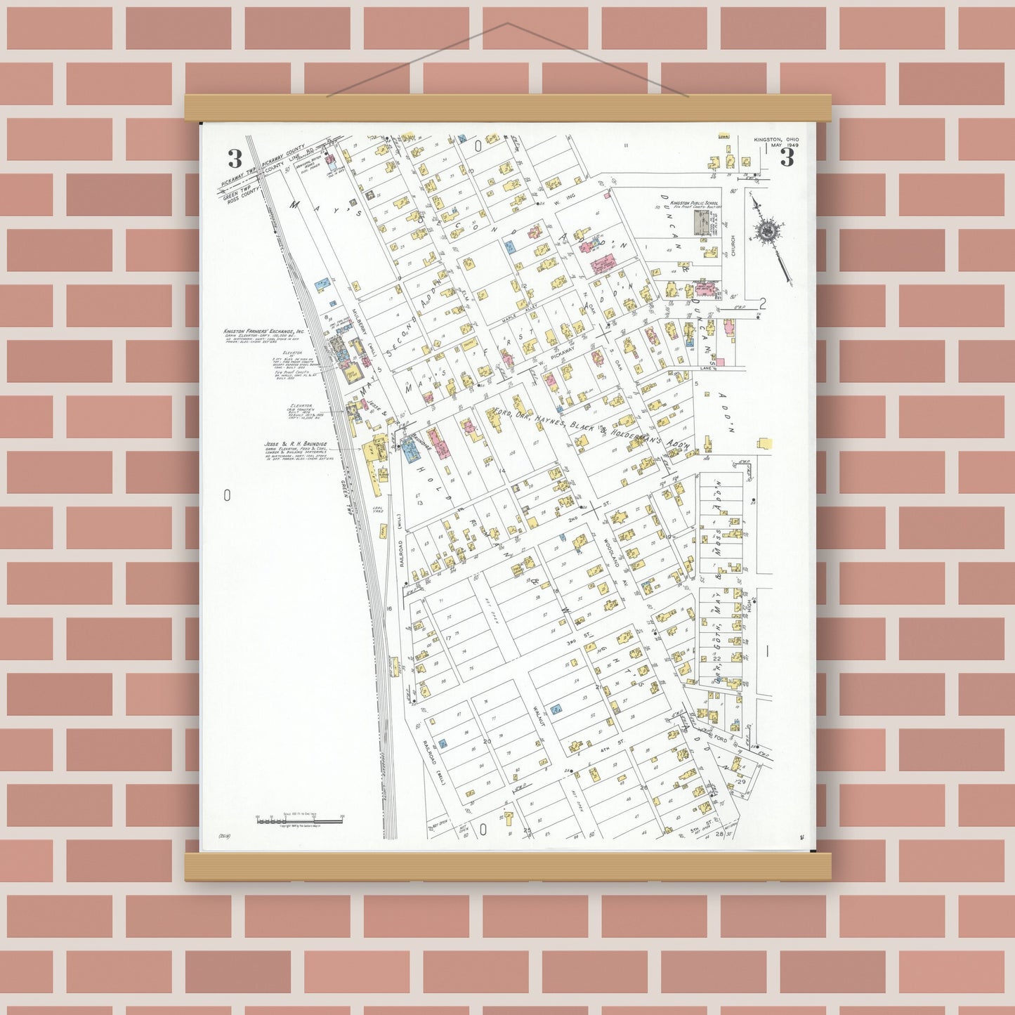 Old map wall art mockup — magnetic wood frame on brick wall — Sanborn Fire Insurance Map from Kingston, Ross County, Ohio (1949), Sheet #0003