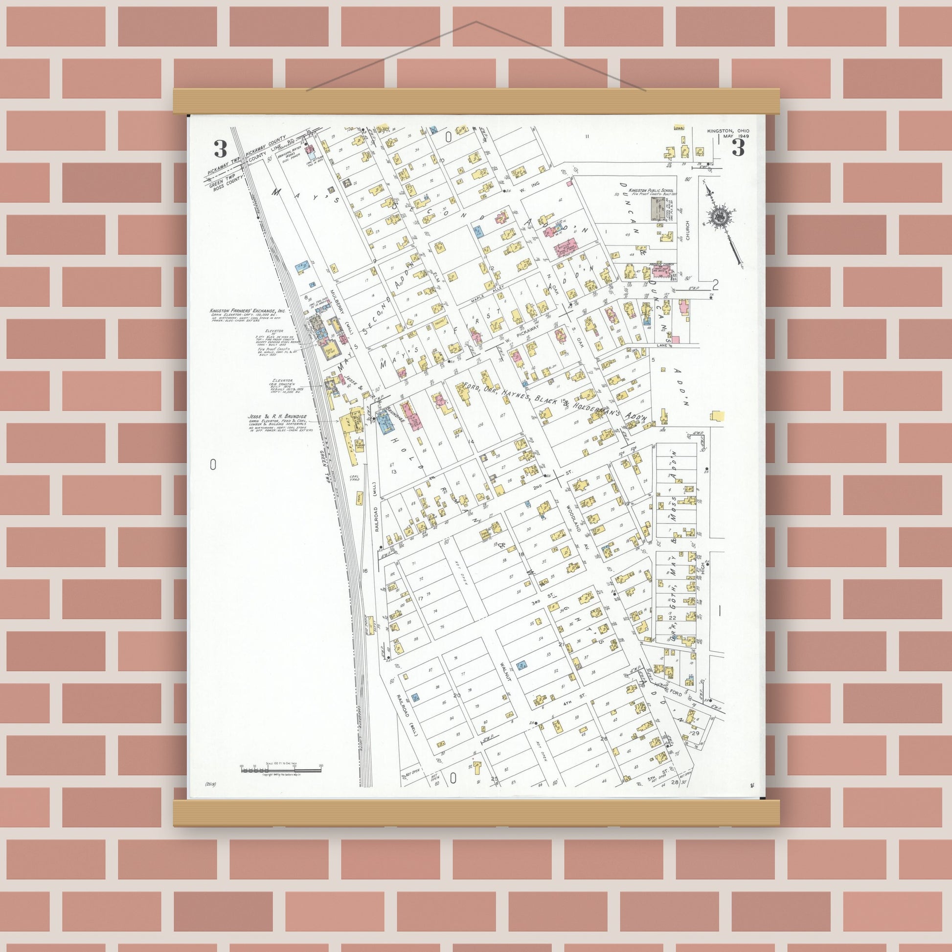 Old map wall art mockup — magnetic wood frame on brick wall — Sanborn Fire Insurance Map from Kingston, Ross County, Ohio (1949), Sheet #0003