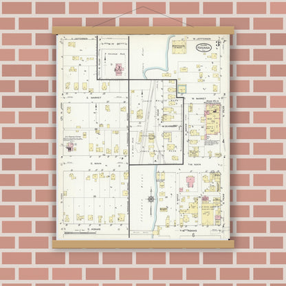 Old map wall art mockup — magnetic wood frame on brick wall — Sanborn Fire Insurance Map from Havana, Mason County, Illinois (1914), Sheet #0003