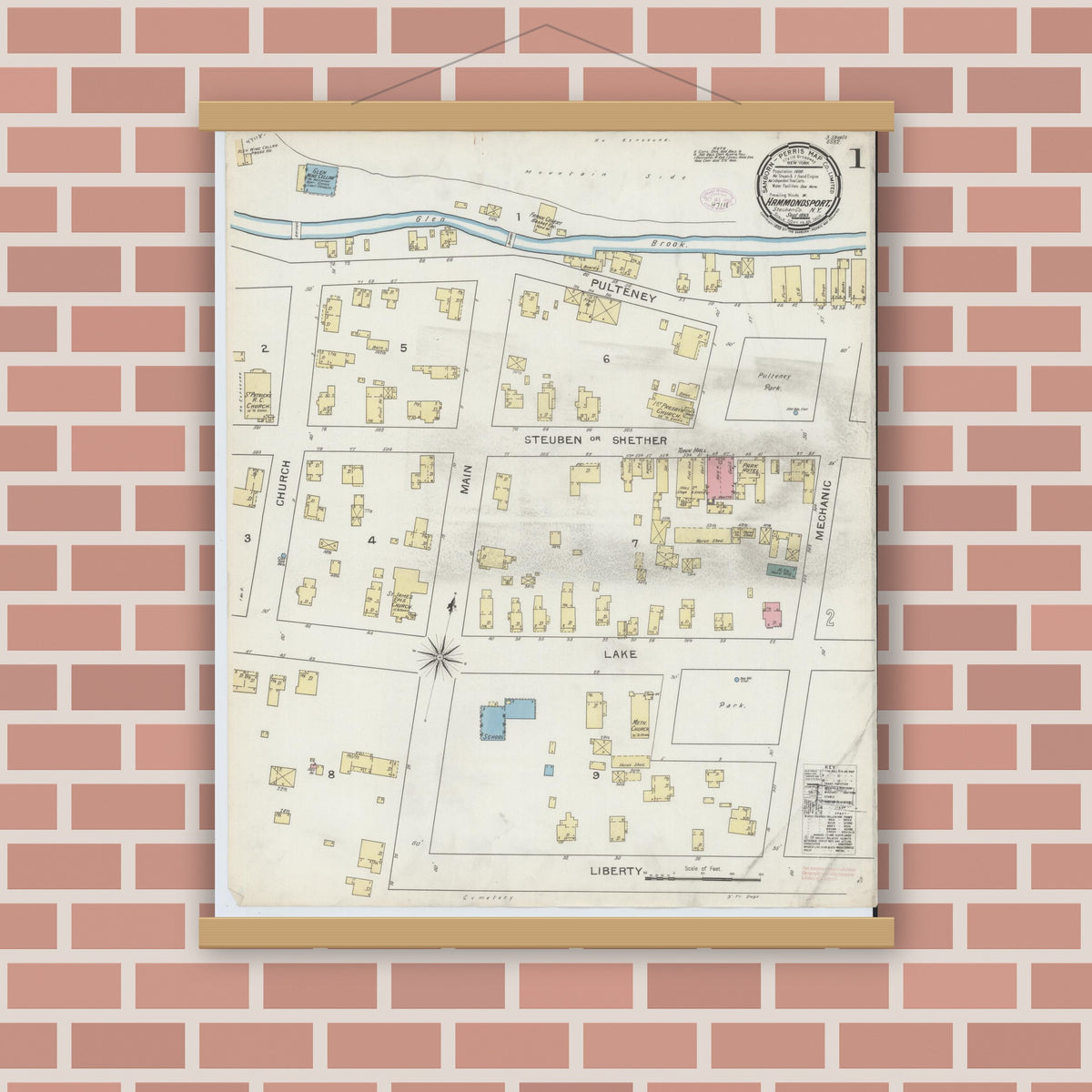 Old map wall art mockup — magnetic wood frame on brick wall — Sanborn Fire Insurance Map from Hammondsport, Steuben County, New York (1893) - Complete Map Set