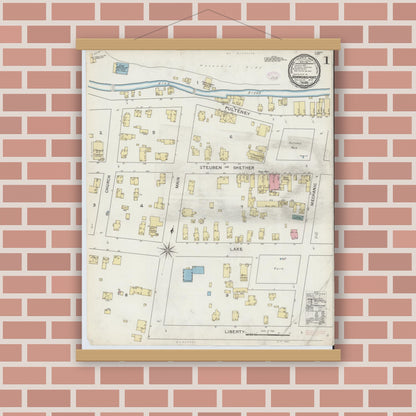 Old map wall art mockup — magnetic wood frame on brick wall — Sanborn Fire Insurance Map from Hammondsport, Steuben County, New York (1893) - Complete Map Set