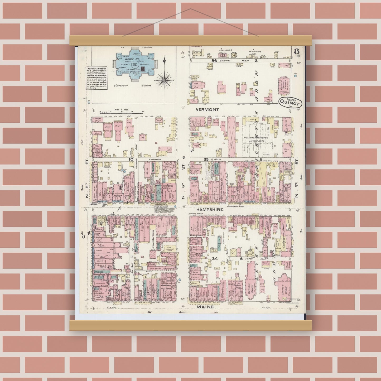 Old map wall art mockup — magnetic wood frame on brick wall — Sanborn Fire Insurance Map from Quincy, Adams County, Illinois (1883), Sheet #0008