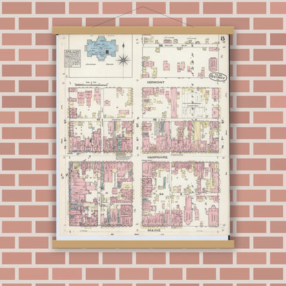 Old map wall art mockup — magnetic wood frame on brick wall — Sanborn Fire Insurance Map from Quincy, Adams County, Illinois (1883), Sheet #0008