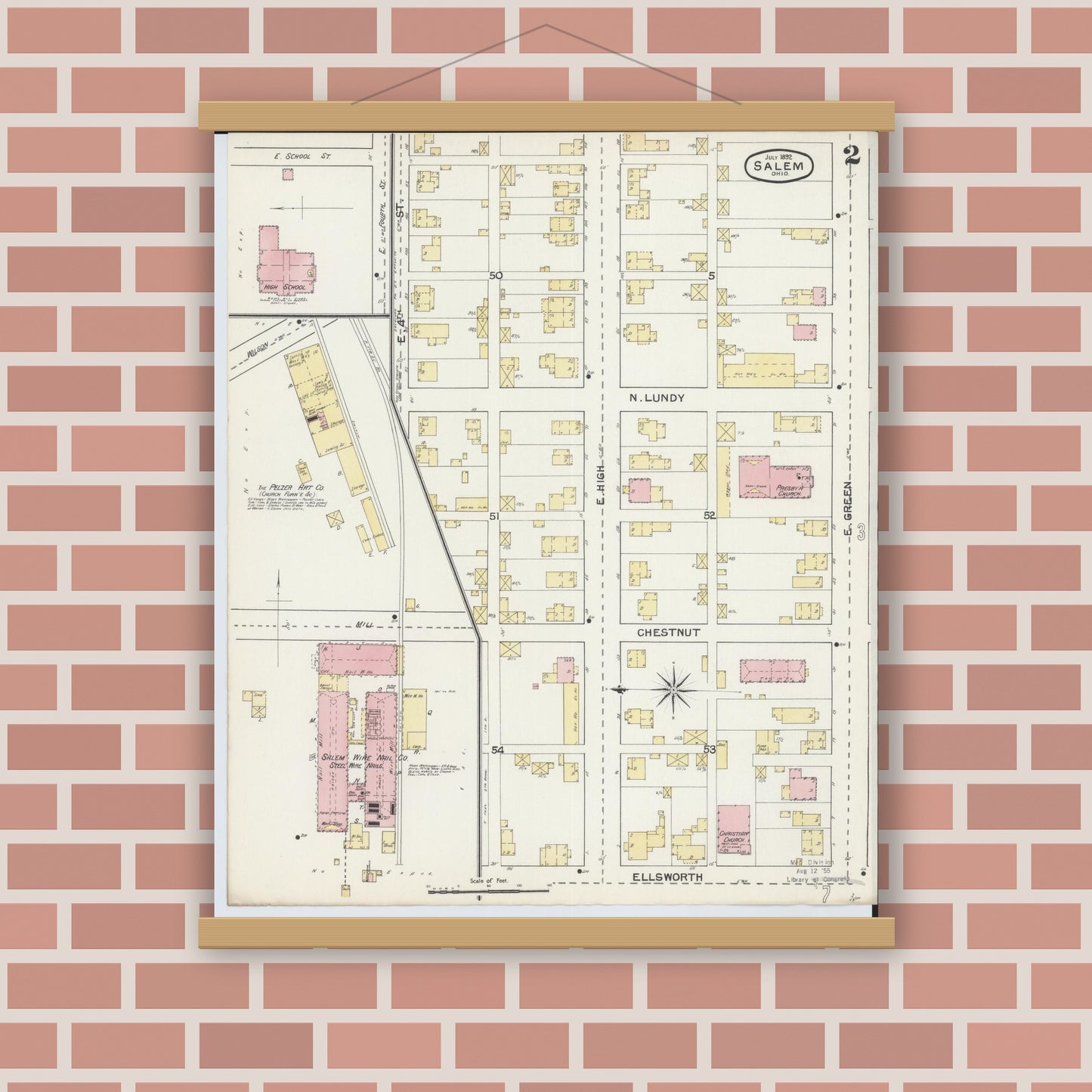 Old map wall art mockup — magnetic wood frame on brick wall — Sanborn Fire Insurance Map from Salem, Columbiana County, Ohio (1892), Sheet #0002