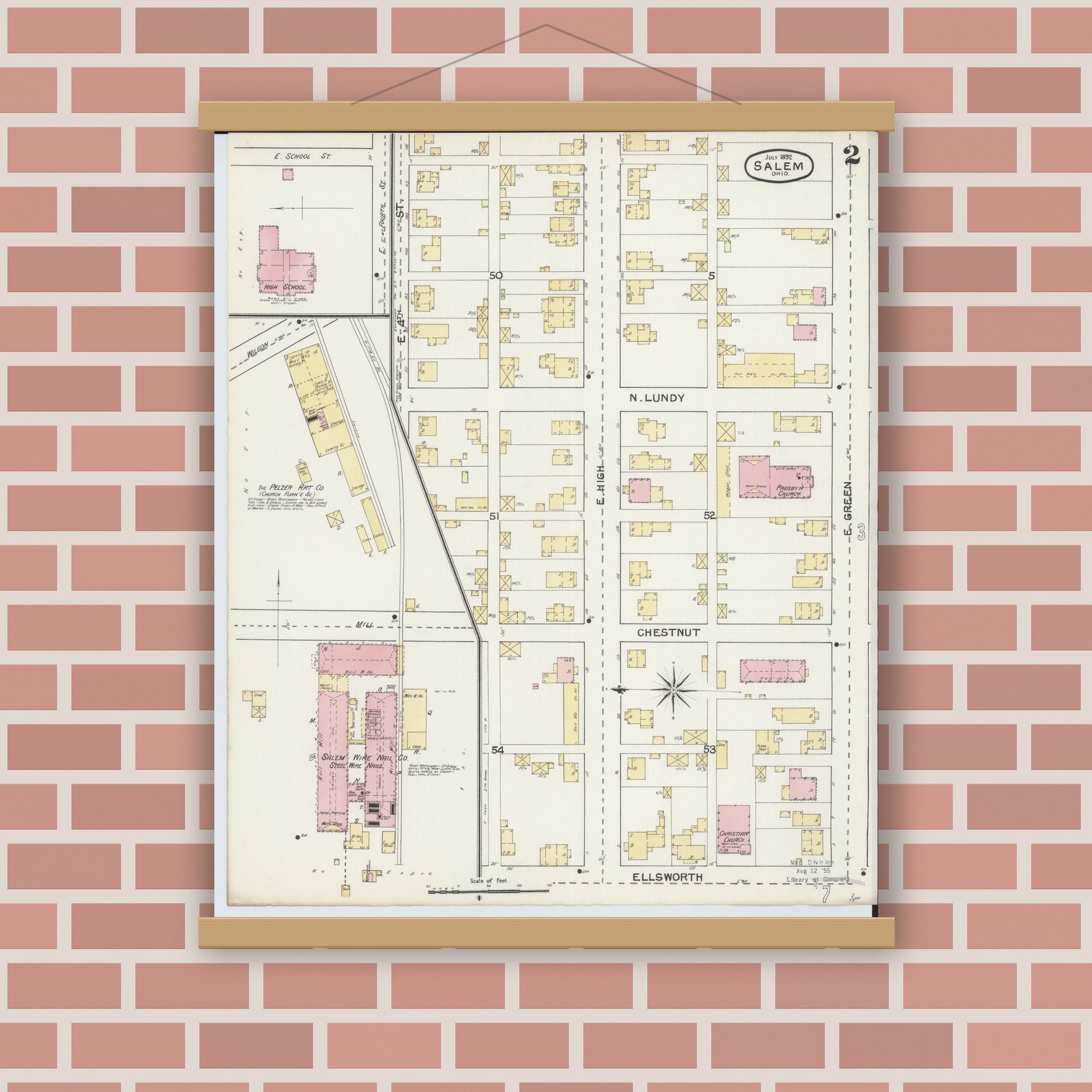 Old map wall art mockup — magnetic wood frame on brick wall — Sanborn Fire Insurance Map from Salem, Columbiana County, Ohio (1892), Sheet #0002