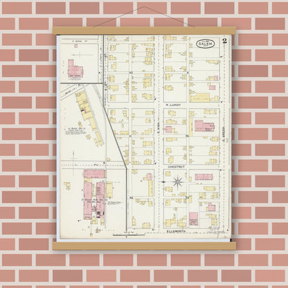 Old map wall art mockup — magnetic wood frame on brick wall — Sanborn Fire Insurance Map from Salem, Columbiana County, Ohio (1892), Sheet #0002