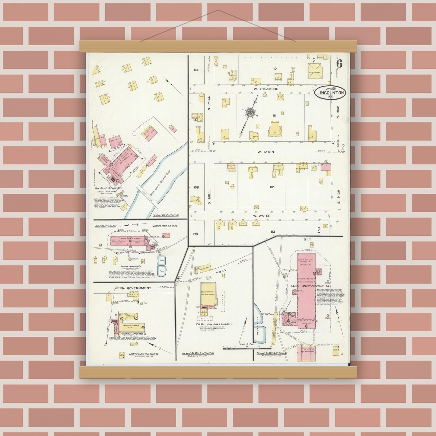 Old map wall art mockup — magnetic wood frame on brick wall — Sanborn Fire Insurance Map from Lincolnton, Lincoln County, North Carolina (1911), Sheet #0006