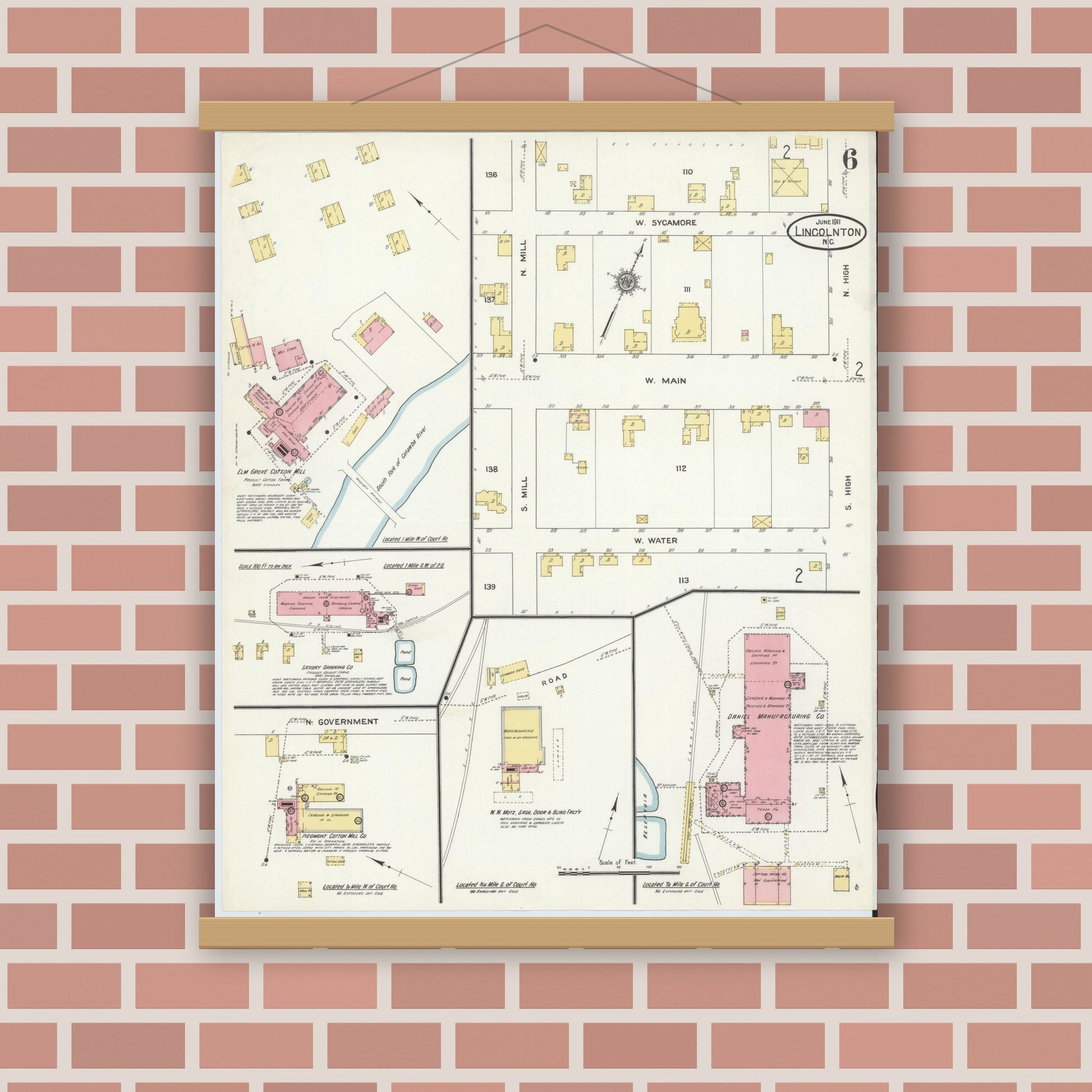 Old map wall art mockup — magnetic wood frame on brick wall — Sanborn Fire Insurance Map from Lincolnton, Lincoln County, North Carolina (1911), Sheet #0006