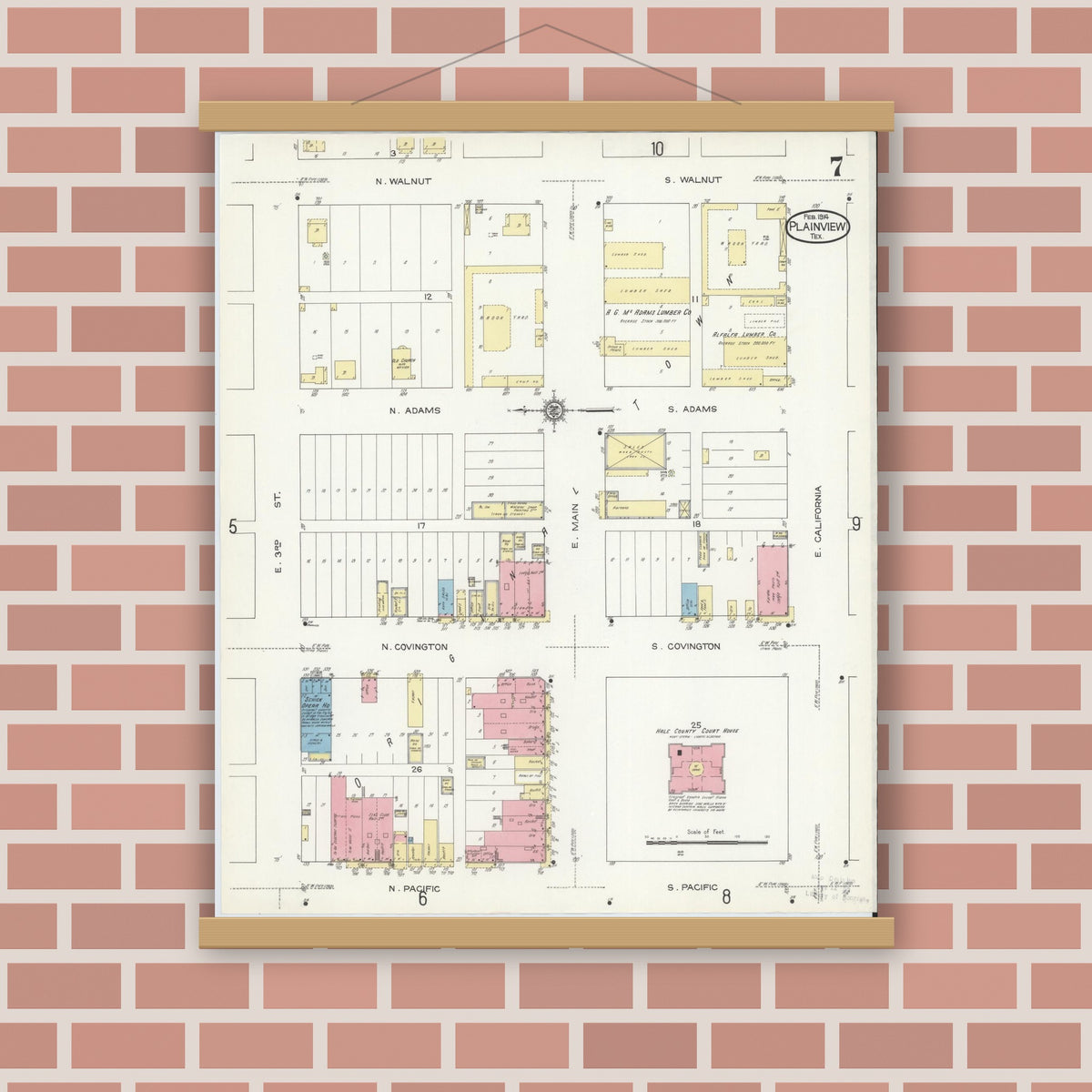 Old map wall art mockup — magnetic wood frame on brick wall — Sanborn Fire Insurance Map from Plainview, Hale County, Texas (1914), Sheet #0007
