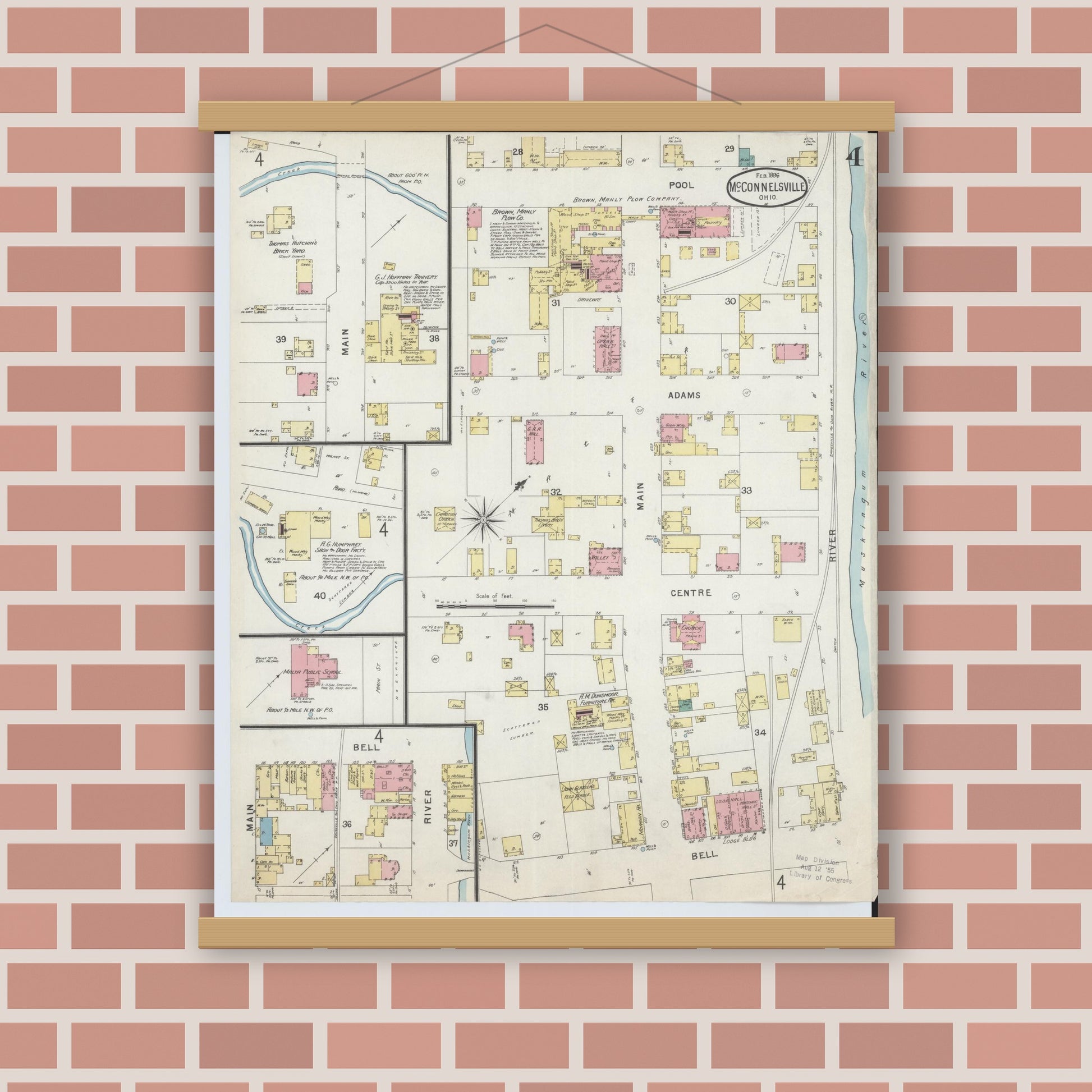 Old map wall art mockup — magnetic wood frame on brick wall — Sanborn Fire Insurance Map from McConnelsville, Morgan County, Ohio (1896), Sheet #0004