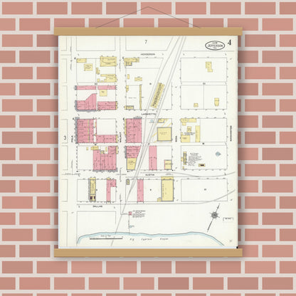 Old map wall art mockup — magnetic wood frame on brick wall — Sanborn Fire Insurance Map from Jefferson, Marion County, Texas (1911), Sheet #0004