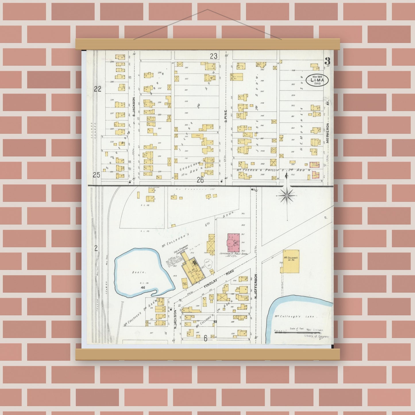 Old map wall art mockup — magnetic wood frame on brick wall — Sanborn Fire Insurance Map from Lima, Allen County, Ohio (1905), Sheet #0003