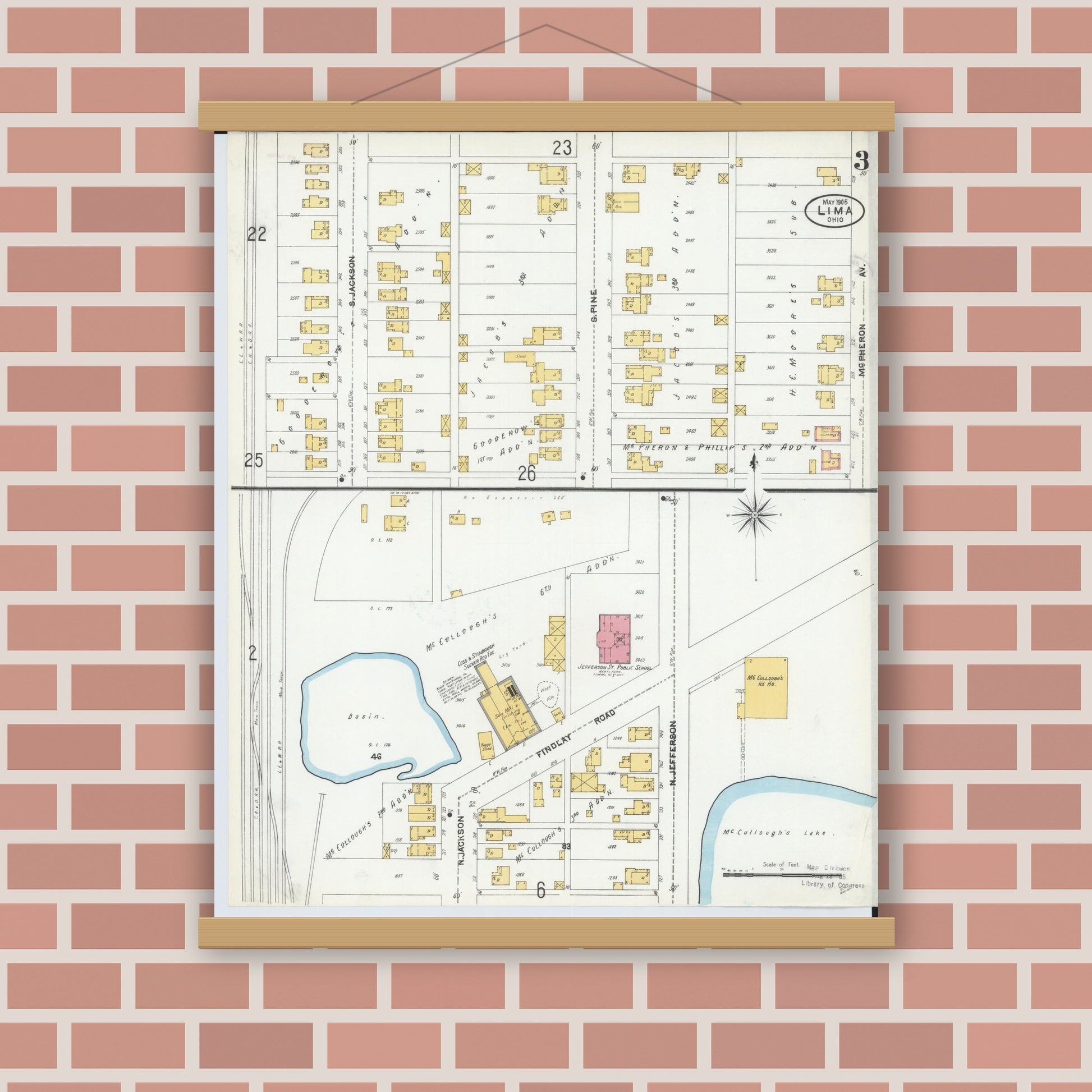 Old map wall art mockup — magnetic wood frame on brick wall — Sanborn Fire Insurance Map from Lima, Allen County, Ohio (1905), Sheet #0003