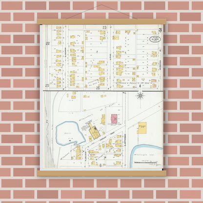 Old map wall art mockup — magnetic wood frame on brick wall — Sanborn Fire Insurance Map from Lima, Allen County, Ohio (1905), Sheet #0003