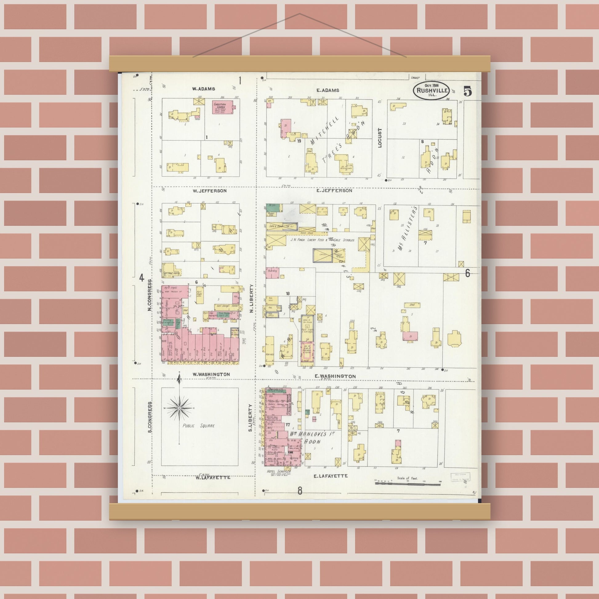 Old map wall art mockup — magnetic wood frame on brick wall — Sanborn Fire Insurance Map from Rushville, Schuyler County, Illinois (1906), Sheet #0005