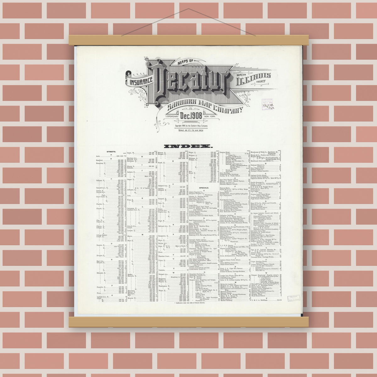 Old map wall art mockup — magnetic wood frame on brick wall — Sanborn Fire Insurance Map from Decatur, Macon County, Illinois (1908), Sheet #0001