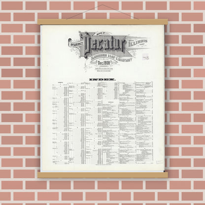 Old map wall art mockup — magnetic wood frame on brick wall — Sanborn Fire Insurance Map from Decatur, Macon County, Illinois (1908), Sheet #0001