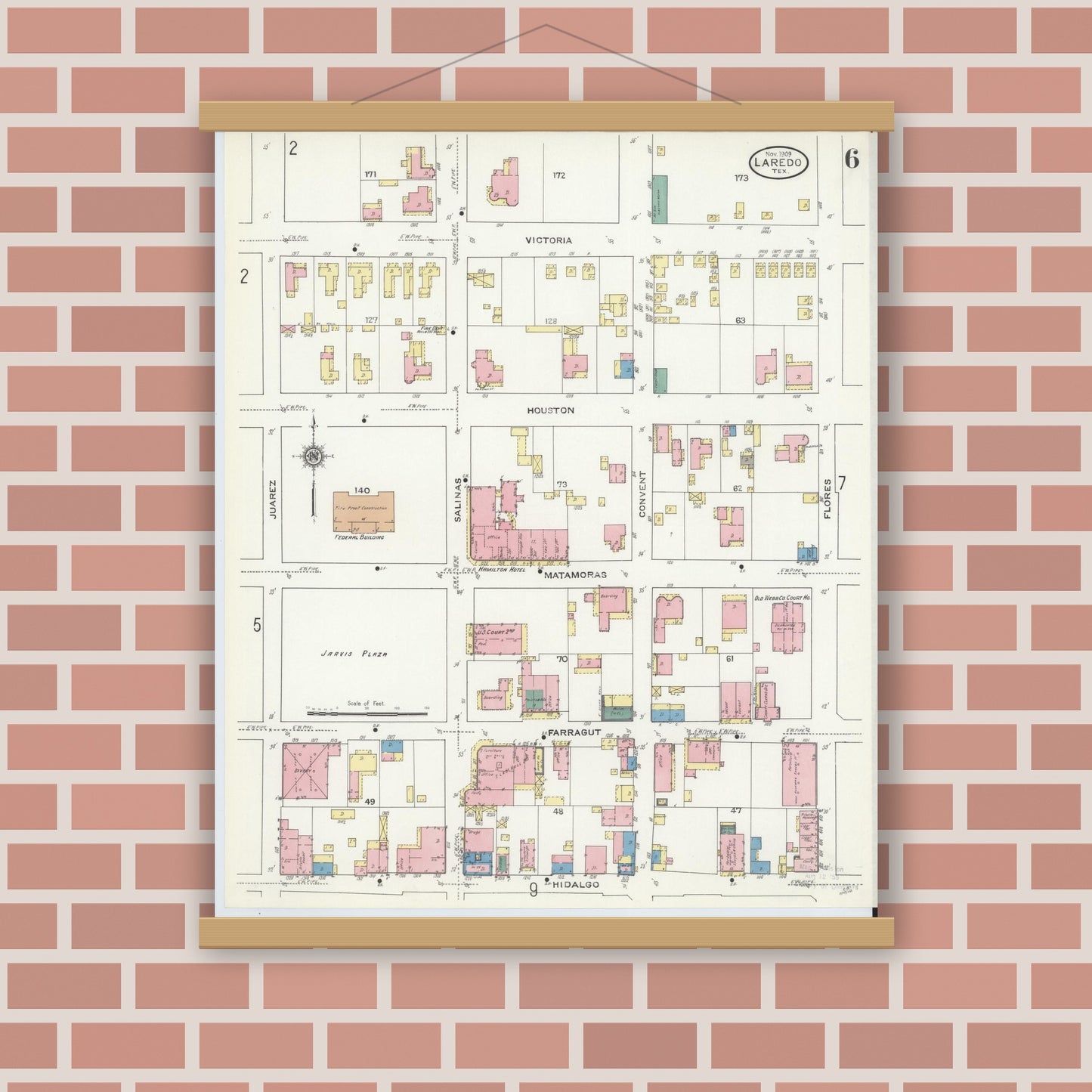 Old map wall art mockup — magnetic wood frame on brick wall — Sanborn Fire Insurance Map from Laredo, Webb County, Texas (1909), Sheet #0006