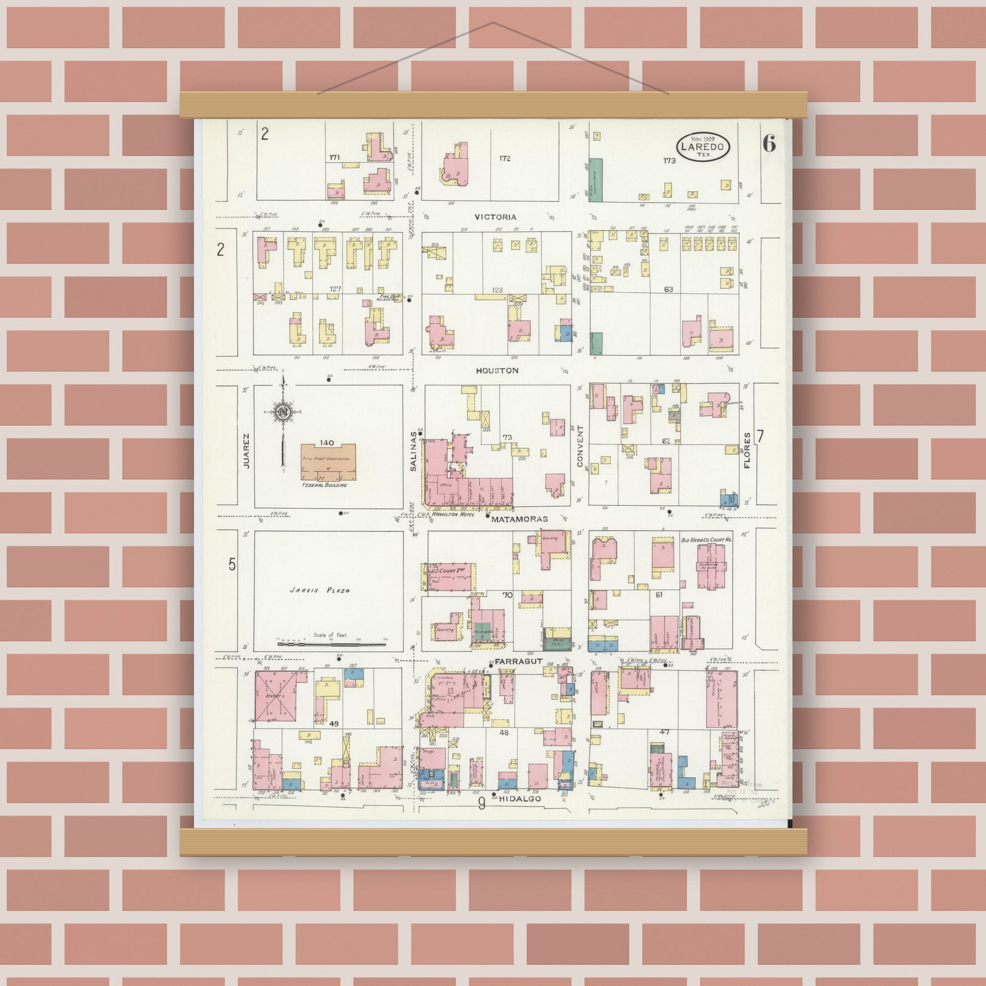 Old map wall art mockup — magnetic wood frame on brick wall — Sanborn Fire Insurance Map from Laredo, Webb County, Texas (1909), Sheet #0006