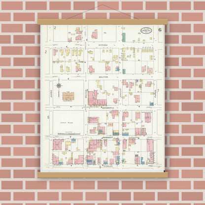 Old map wall art mockup — magnetic wood frame on brick wall — Sanborn Fire Insurance Map from Laredo, Webb County, Texas (1909), Sheet #0006
