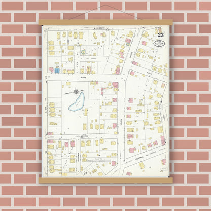 Old map wall art mockup — magnetic wood frame on brick wall — Sanborn Fire Insurance Map from Alton, Madison County, Illinois (1915), Sheet #0023