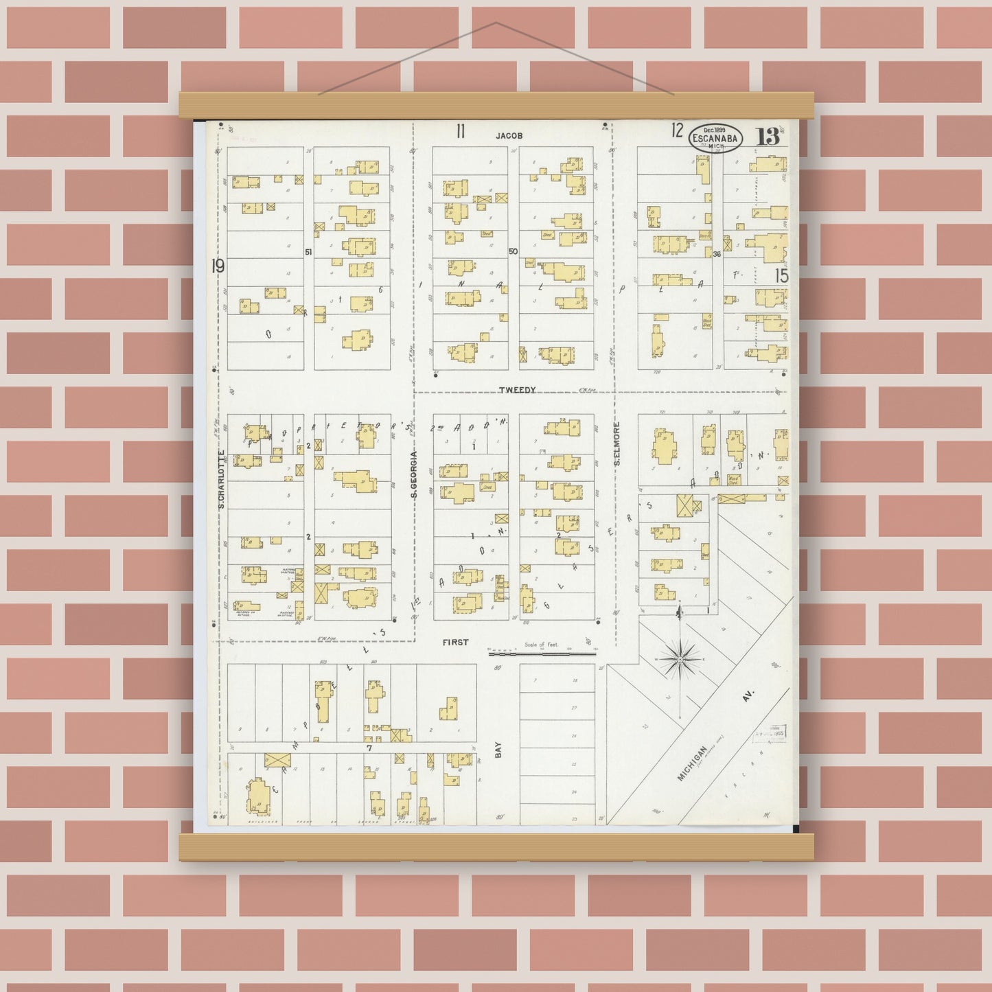 Old map wall art mockup — magnetic wood frame on brick wall — Sanborn Fire Insurance Map from Escanaba, Delta County, Michigan (1899), Sheet #0013