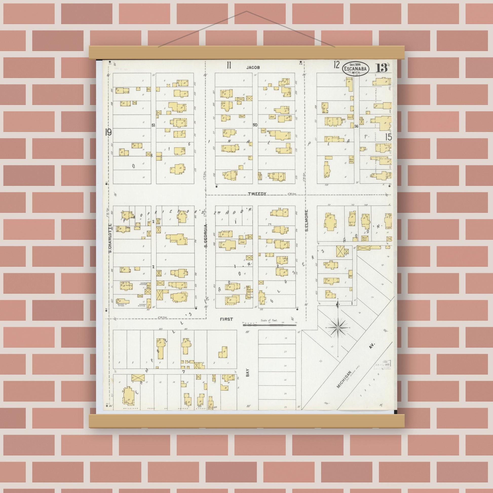 Old map wall art mockup — magnetic wood frame on brick wall — Sanborn Fire Insurance Map from Escanaba, Delta County, Michigan (1899), Sheet #0013