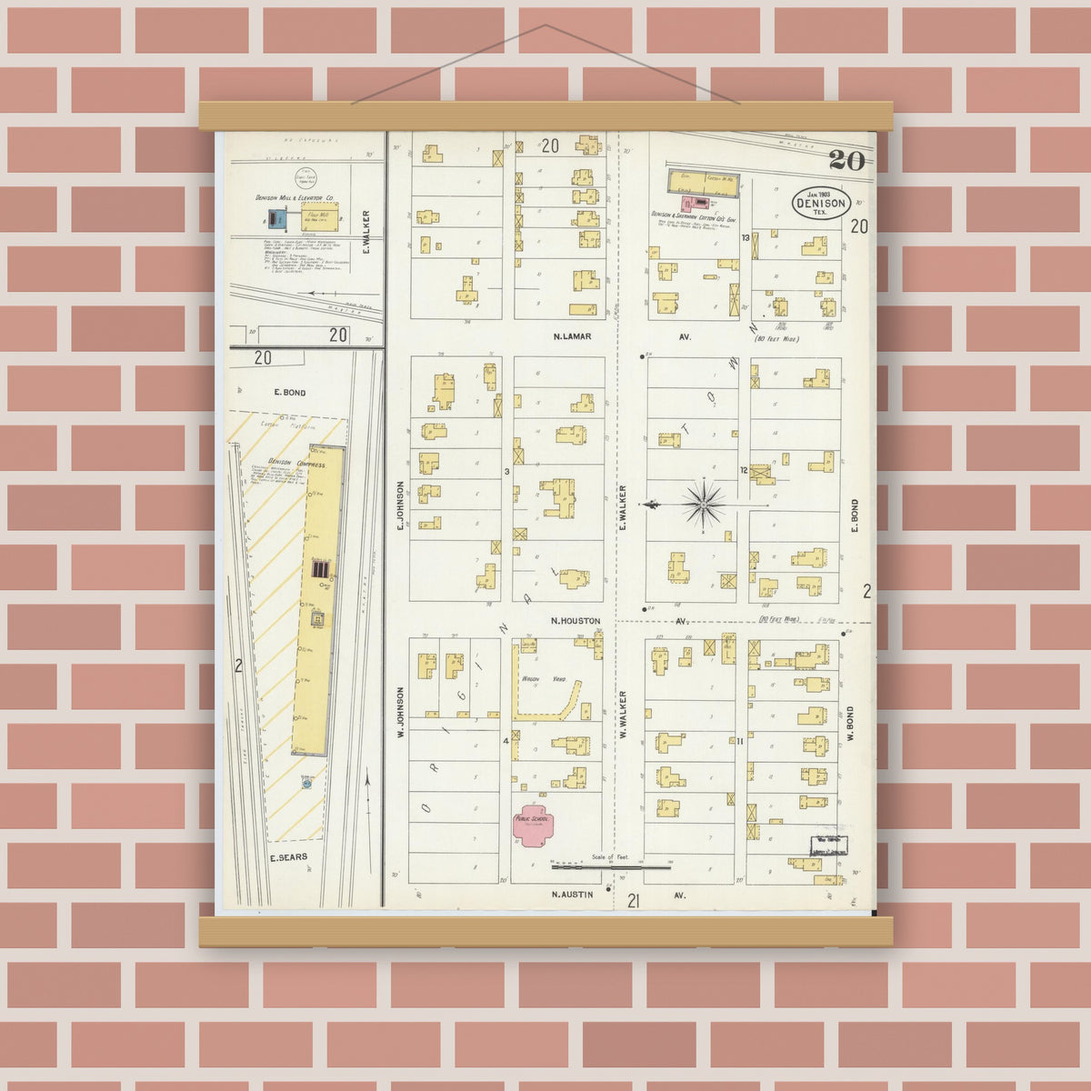 Old map wall art mockup — magnetic wood frame on brick wall — Sanborn Fire Insurance Map from Denison, Grayson County, Texas (1903), Sheet #0020