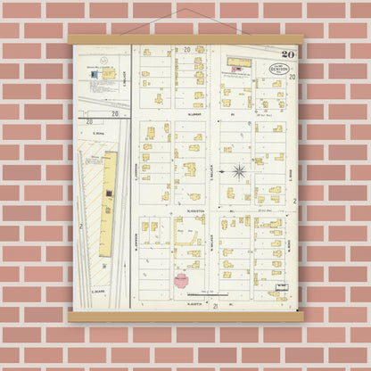 Old map wall art mockup — magnetic wood frame on brick wall — Sanborn Fire Insurance Map from Denison, Grayson County, Texas (1903), Sheet #0020