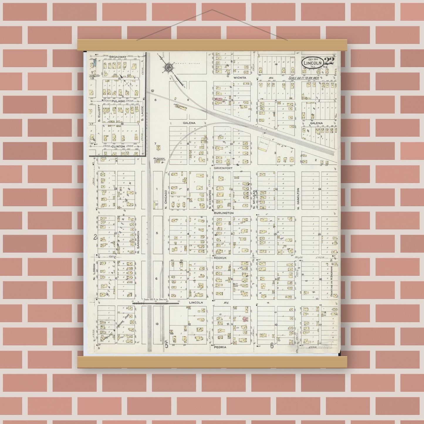 Old map wall art mockup — magnetic wood frame on brick wall — Sanborn Fire Insurance Map from Lincoln, Logan County, Illinois (1914), Sheet #0022