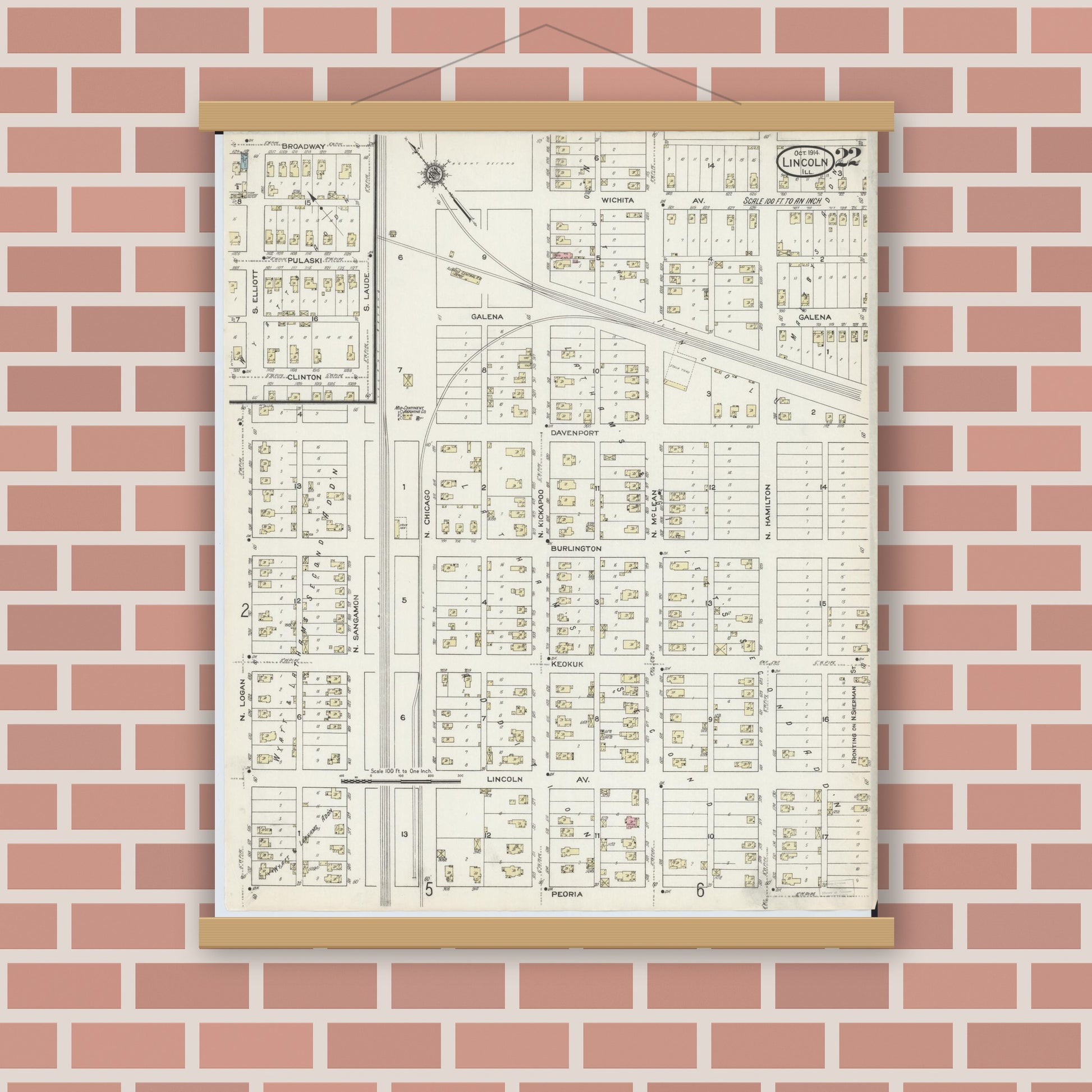 Old map wall art mockup — magnetic wood frame on brick wall — Sanborn Fire Insurance Map from Lincoln, Logan County, Illinois (1914), Sheet #0022
