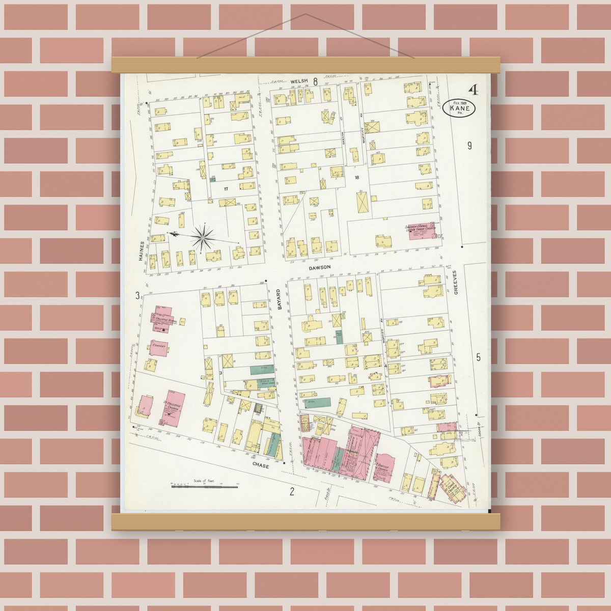 Old map wall art mockup — magnetic wood frame on brick wall — Sanborn Fire Insurance Map from Kane, McKean County, Pennsylvania (1909), Sheet #0004