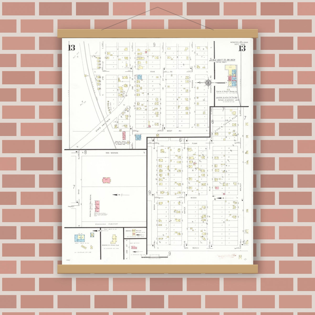Old map wall art mockup — magnetic wood frame on brick wall — Sanborn Fire Insurance Map from Webster City, Hamilton County, Iowa (1938), Sheet #0013