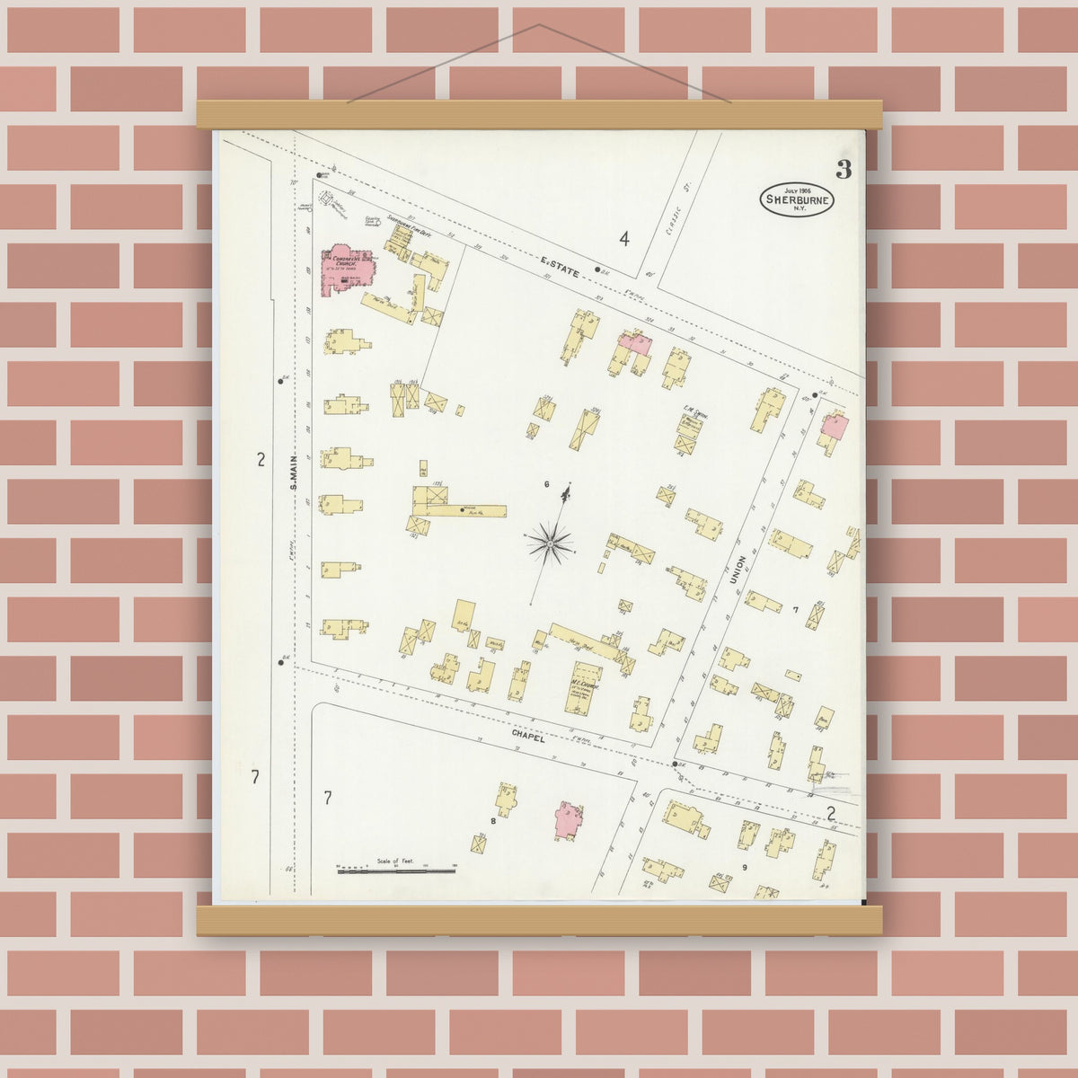 Old map wall art mockup — magnetic wood frame on brick wall — Sanborn Fire Insurance Map from Sherburne, Chenango County, New York (1906), Sheet #0003