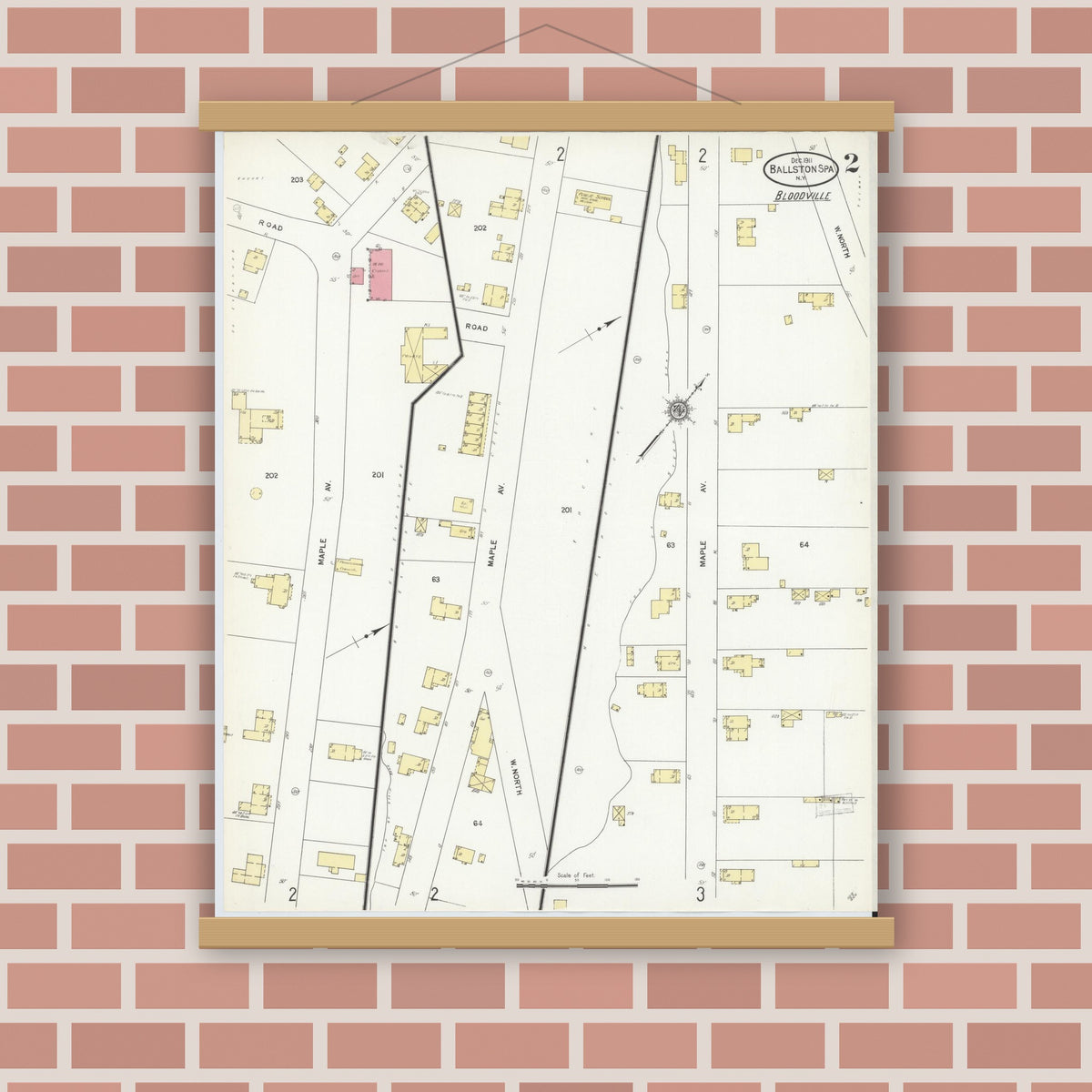 Old map wall art mockup — magnetic wood frame on brick wall — Sanborn Fire Insurance Map from Ballston Spa, Saratoga County, New York (1911) - Complete Map Set
