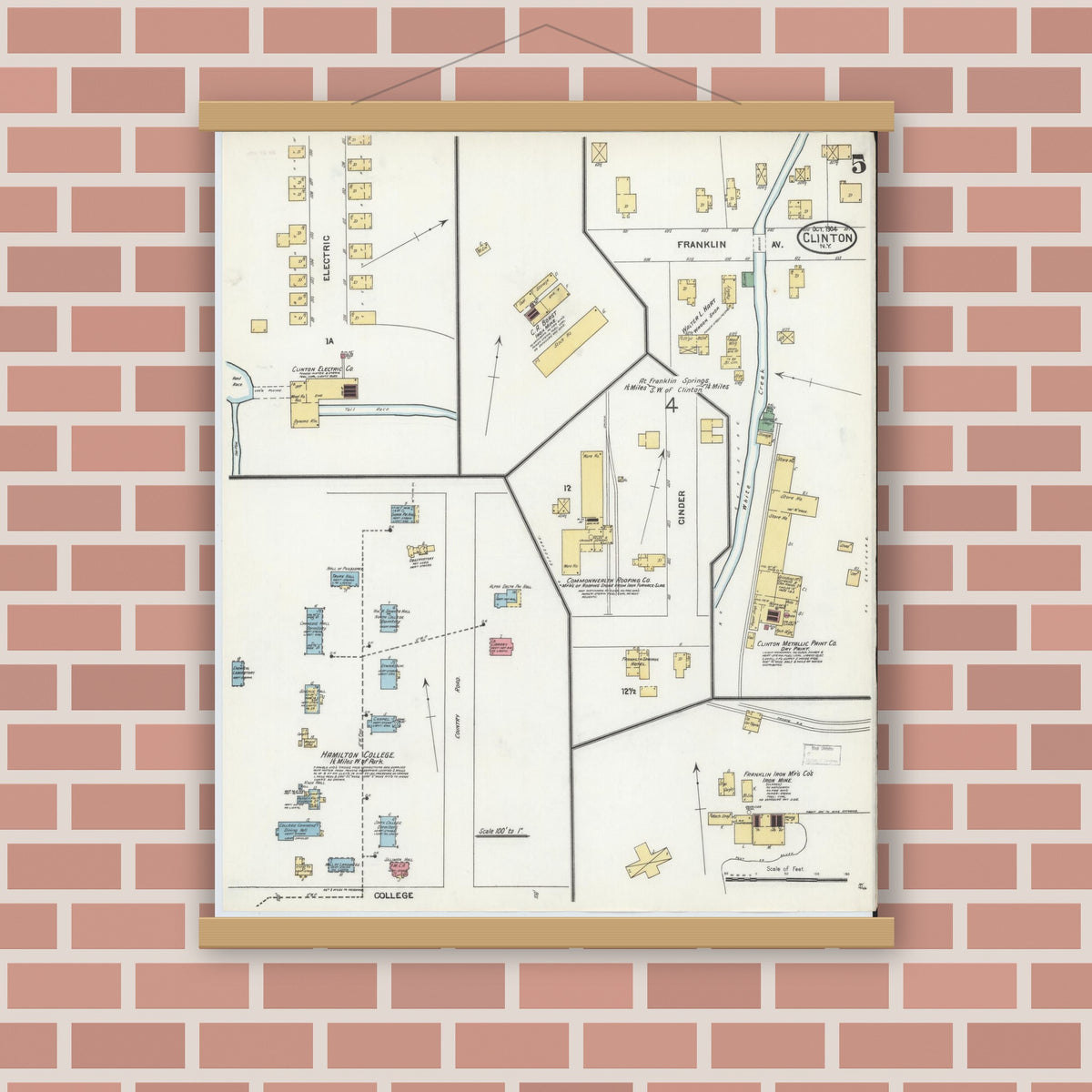 Old map wall art mockup — magnetic wood frame on brick wall — Sanborn Fire Insurance Map from Clinton, Oneida County, New York (1904), Sheet #0005